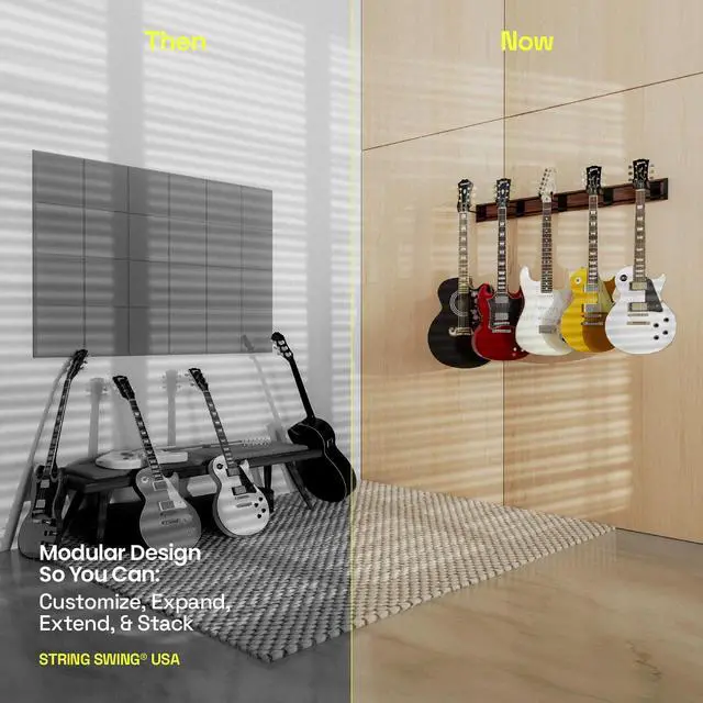 Alt view image 2 of 7 - Guitar Wall Rack, Multiple Guitar Wall Mount, Guitar Organizer for Acoustic & Electric Guitars, 5 Padded Arm Hangers & Black Walnut Slatwall Rail, Wall Mount Guitar Rack - MADE IN USA