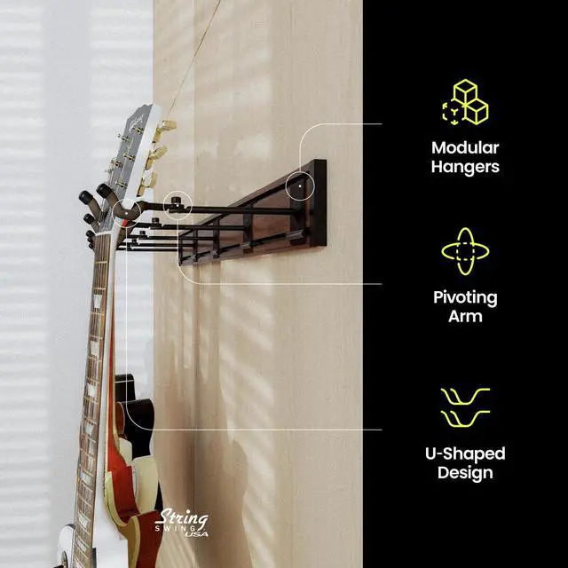 Alt view image 4 of 7 - Guitar Wall Rack, Multiple Guitar Wall Mount, Guitar Organizer for Acoustic & Electric Guitars, 5 Padded Arm Hangers & Black Walnut Slatwall Rail, Wall Mount Guitar Rack - MADE IN USA