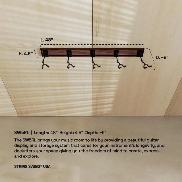 Alt view image 6 of 7 - Guitar Wall Rack, Multiple Guitar Wall Mount, Guitar Organizer for Acoustic & Electric Guitars, 5 Padded Arm Hangers & Black Walnut Slatwall Rail, Wall Mount Guitar Rack - MADE IN USA