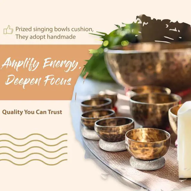 Alt view image 4 of 7 - 7 Pcs Singing Bowl Cushion Set for 6-12" Tibetan Singing Bowls | Handmade Silver Silk Brocade Fabric, Crystal Bowl Pillow for Meditation, Singing Bowl O Ring Cushion for Secure Placement
