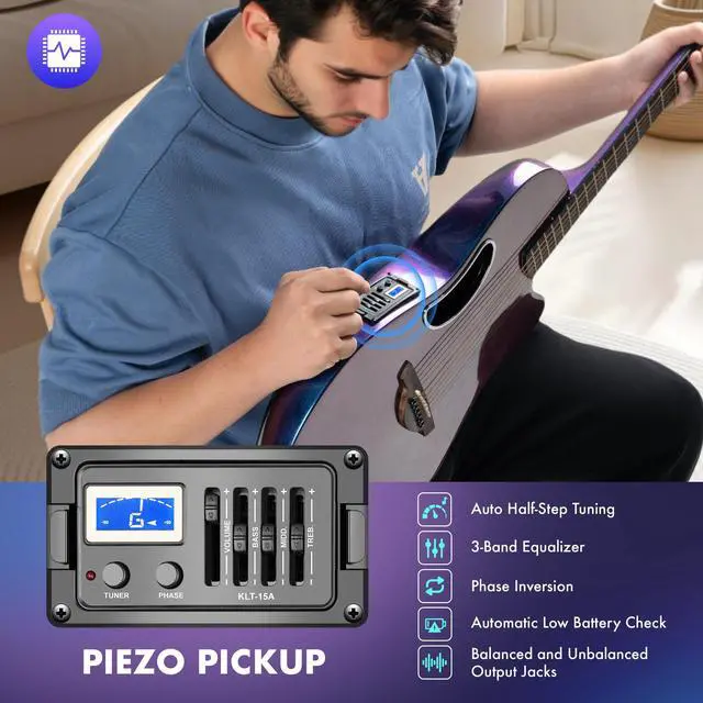Alt view image 3 of 7 - Acoustic Electric Guitar Kit - 41 Carbon Fiber Adult Beginner Set with Bag and Strap Built-In Pickup Rich Resonance & Warm Tone for Performance Ready, Pearl Blue-Purple Finish