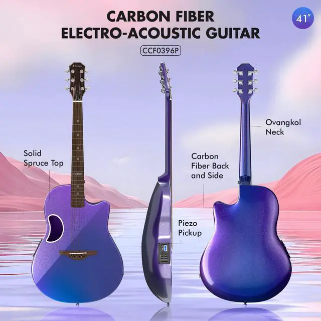 Alt view image 4 of 7 - Acoustic Electric Guitar Kit - 41 Carbon Fiber Adult Beginner Set with Bag and Strap Built-In Pickup Rich Resonance & Warm Tone for Performance Ready, Pearl Blue-Purple Finish