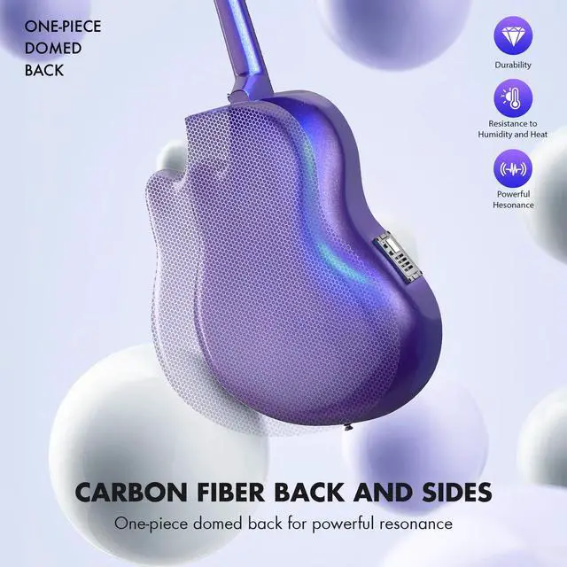 Alt view image 5 of 7 - Acoustic Electric Guitar Kit - 41 Carbon Fiber Adult Beginner Set with Bag and Strap Built-In Pickup Rich Resonance & Warm Tone for Performance Ready, Pearl Blue-Purple Finish