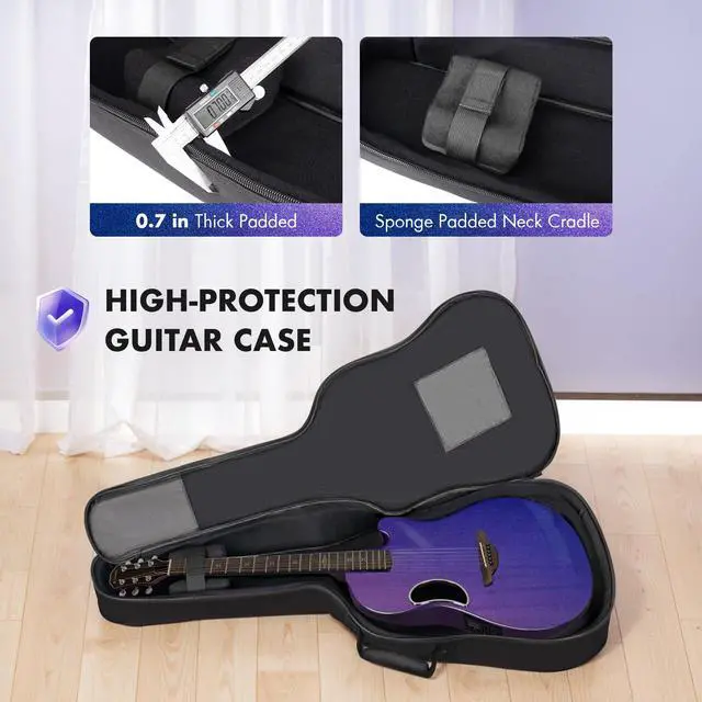 Alt view image 7 of 7 - Acoustic Electric Guitar Kit - 41 Carbon Fiber Adult Beginner Set with Bag and Strap Built-In Pickup Rich Resonance & Warm Tone for Performance Ready, Pearl Blue-Purple Finish