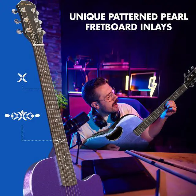 Alt view image 6 of 7 - Acoustic Electric Guitar Kit - 41 Carbon Fiber Adult Beginner Set with Bag and Strap Built-In Pickup Rich Resonance & Warm Tone for Performance Ready, Pearl Blue-Purple Finish
