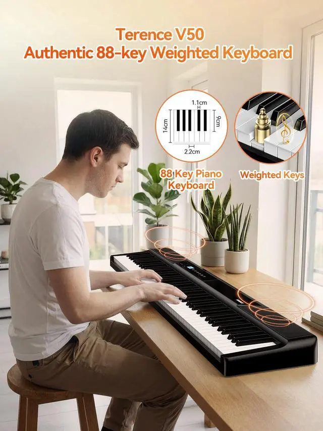 Alt view image 2 of 7 - V50 Portable 88 Key Weighted Keyboard,Upgraded Folding Piano Keyboard 88 Keys with 2 * 15W Speakers,Touch-Sensitive Panel,Video&Audio Recording,MIDI,Pedal for Beginners&Advancer(Dark-Black)