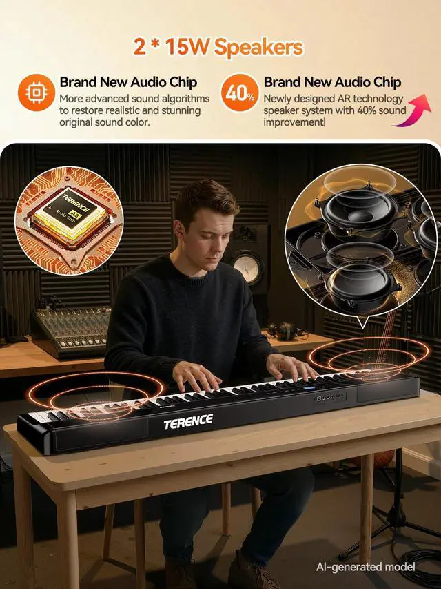 Alt view image 4 of 7 - V50 Portable 88 Key Weighted Keyboard,Upgraded Folding Piano Keyboard 88 Keys with 2 * 15W Speakers,Touch-Sensitive Panel,Video&Audio Recording,MIDI,Pedal for Beginners&Advancer(Dark-Black)