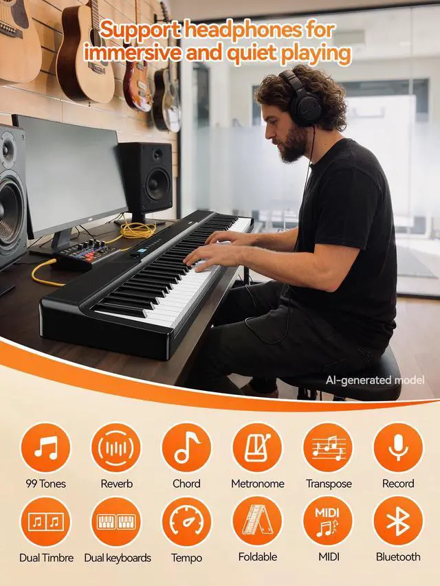 Alt view image 6 of 7 - V50 Portable 88 Key Weighted Keyboard,Upgraded Folding Piano Keyboard 88 Keys with 2 * 15W Speakers,Touch-Sensitive Panel,Video&Audio Recording,MIDI,Pedal for Beginners&Advancer(Dark-Black)