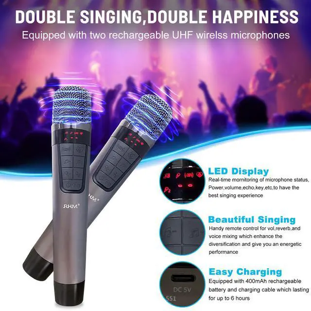 Alt view image 5 of 6 - K666 Karaoke Machine with 2 UHF Wireless Mics & Echo Adjustment | Voice Enhancement, 60W, 8H Playtime, Built-in Handle, Bluetooth/AUX/USB/PC Connection,for Backyard BBQ/Camping/Outdoor Events