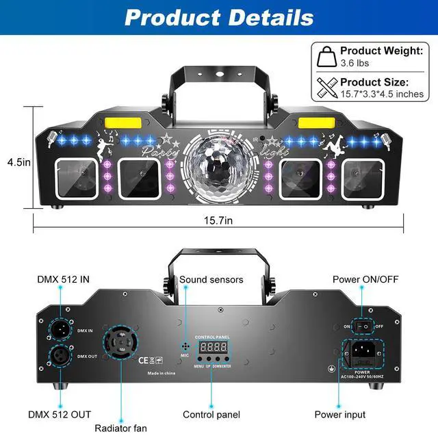 Alt view image 4 of 7 - 7 in 1 Dj Disco Ball Party Lights with DMX512 and Sound Activated LED Strobe Stage Lighting Show for Parties Indoor Dance Dj Party Karaoke Bars Clubs Christmas Halloween Decorations