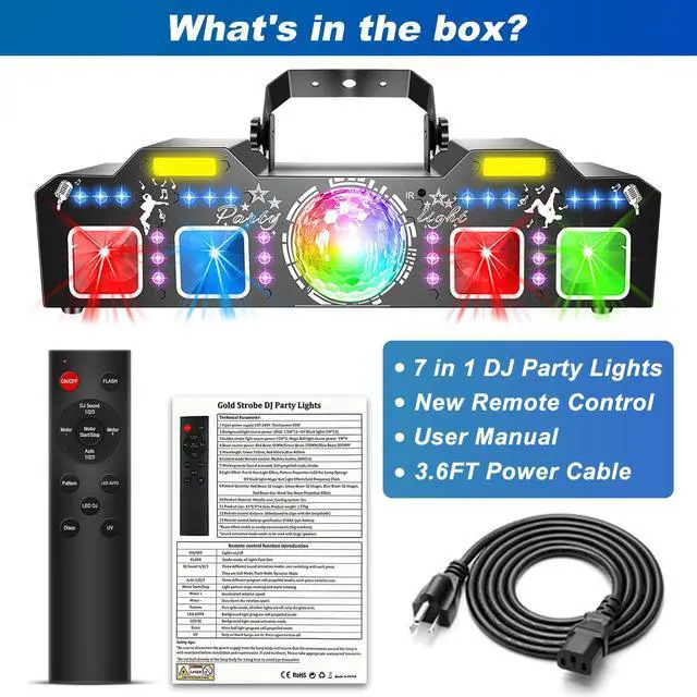 Alt view image 7 of 7 - 7 in 1 Dj Disco Ball Party Lights with DMX512 and Sound Activated LED Strobe Stage Lighting Show for Parties Indoor Dance Dj Party Karaoke Bars Clubs Christmas Halloween Decorations