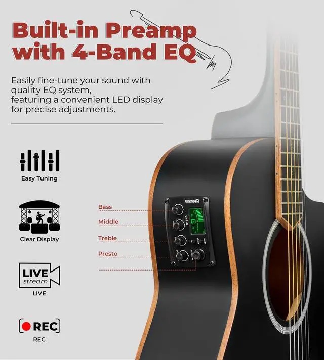 Alt view image 2 of 7 - 3/4 Acoustic Electric Guitar Kit for Beginners, 36 Inch Acoustic Cutaway Guitar Junior Size Travel Acustica Guitarra Bundle for Adults, Teens, Upgraded Starter Kit, Black Matte