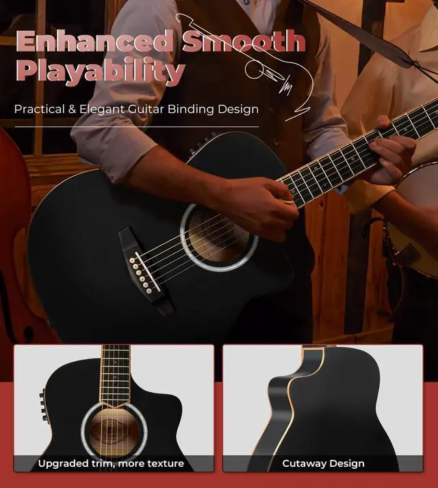 Alt view image 4 of 7 - 3/4 Acoustic Electric Guitar Kit for Beginners, 36 Inch Acoustic Cutaway Guitar Junior Size Travel Acustica Guitarra Bundle for Adults, Teens, Upgraded Starter Kit, Black Matte