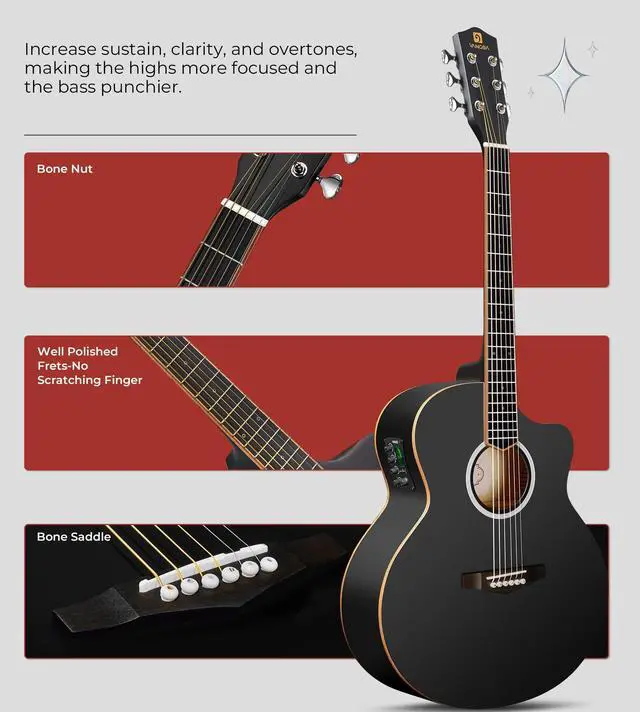 Alt view image 5 of 7 - 3/4 Acoustic Electric Guitar Kit for Beginners, 36 Inch Acoustic Cutaway Guitar Junior Size Travel Acustica Guitarra Bundle for Adults, Teens, Upgraded Starter Kit, Black Matte