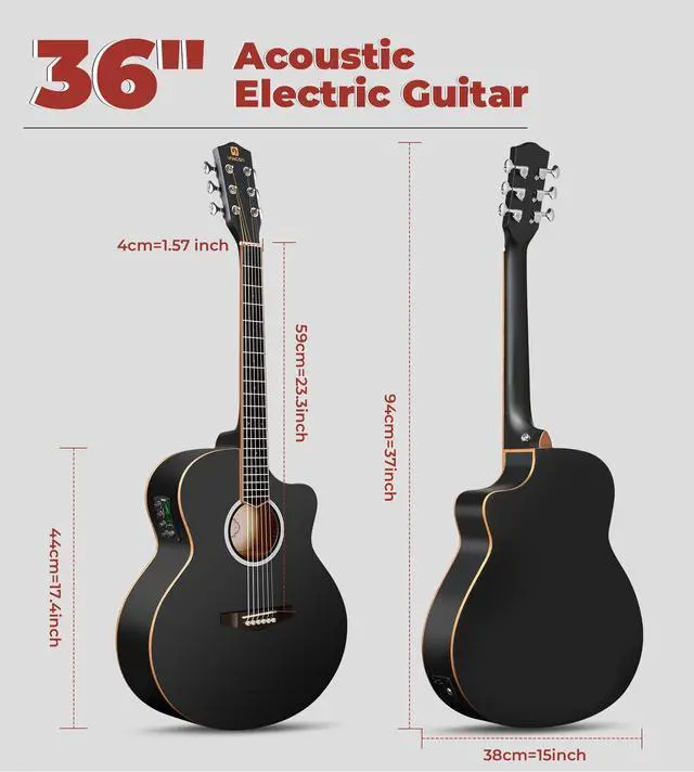 Alt view image 7 of 7 - 3/4 Acoustic Electric Guitar Kit for Beginners, 36 Inch Acoustic Cutaway Guitar Junior Size Travel Acustica Guitarra Bundle for Adults, Teens, Upgraded Starter Kit, Black Matte