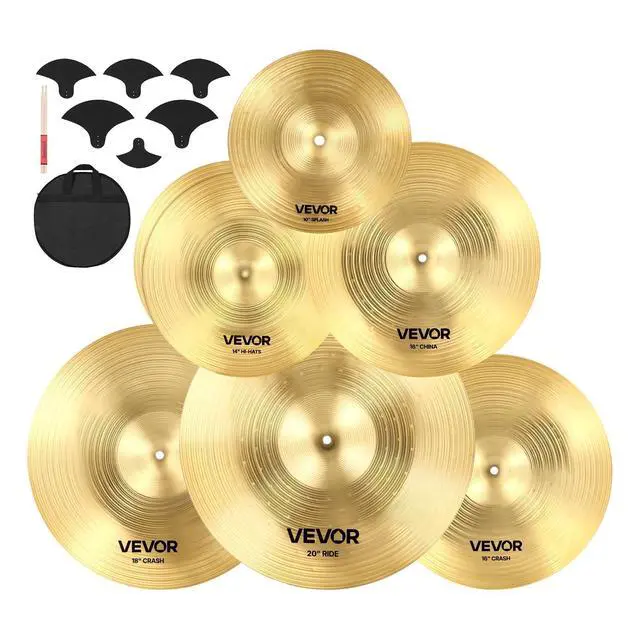 Main image of Cymbal Pack, 7 Pieces Cymbals for Drum Set, Alloy Cymbals Drum Set Includes 14" Hi-Hats, 16" Crash, 18" Crash, 20" Ride, 10" Splash, 16" China, Drumsticks & Cymbal Bag