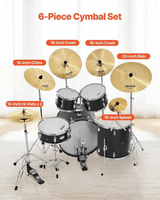 Alt view image 2 of 7 - Cymbal Pack, 7 Pieces Cymbals for Drum Set, Alloy Cymbals Drum Set Includes 14" Hi-Hats, 16" Crash, 18" Crash, 20" Ride, 10" Splash, 16" China, Drumsticks & Cymbal Bag