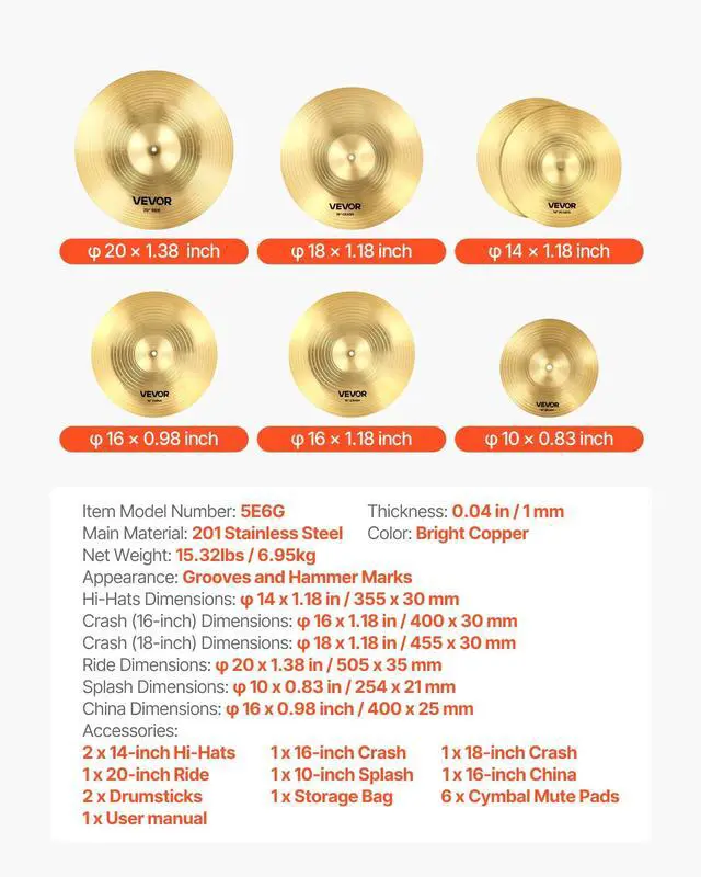 Alt view image 7 of 7 - Cymbal Pack, 7 Pieces Cymbals for Drum Set, Alloy Cymbals Drum Set Includes 14" Hi-Hats, 16" Crash, 18" Crash, 20" Ride, 10" Splash, 16" China, Drumsticks & Cymbal Bag