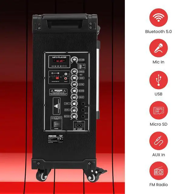 Alt view image 3 of 7 - 12'' Portable Wireless Bluetooth Speaker System - Built-in Rechargeable Battery, Wireless Microphone, USB/Micro SD/FM - 80 Watt - FM Radio with Digital LED Display, PWMA1299A