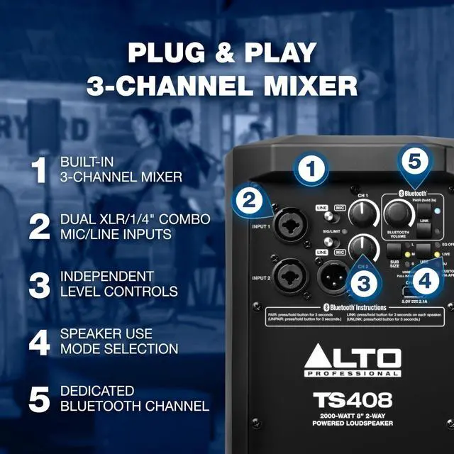 Alt view image 5 of 7 - A TS408 2000W 8" Powered PA Speaker with 3 Channel Mixer, Bluetooth Streaming, Wireless Loudspeaker Linking, DSP App