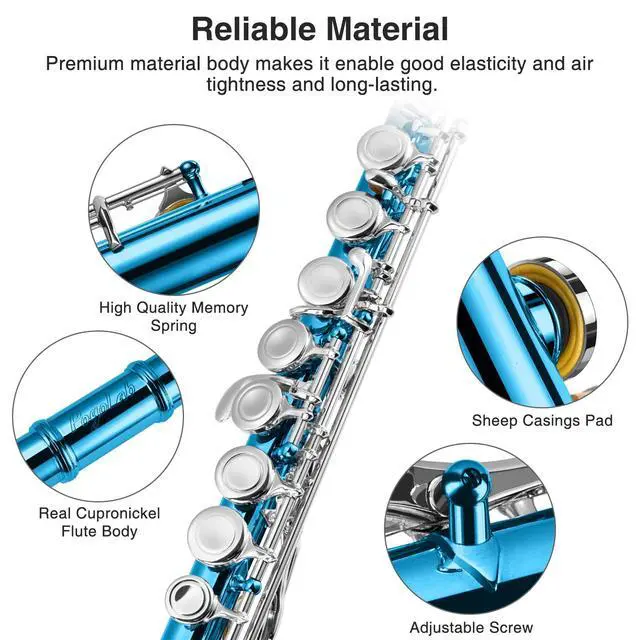 Alt view image 2 of 7 - Flutes, Closed Hole C 16 Keys Flute Instrument, Student Flute for Beginner School Orchestra Band, with Cleaning Kit, Carry Bag, Strap, Probe Rod, Gloves (Sky Blue)