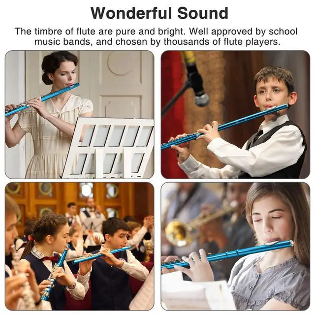 Alt view image 6 of 7 - Flutes, Closed Hole C 16 Keys Flute Instrument, Student Flute for Beginner School Orchestra Band, with Cleaning Kit, Carry Bag, Strap, Probe Rod, Gloves (Sky Blue)