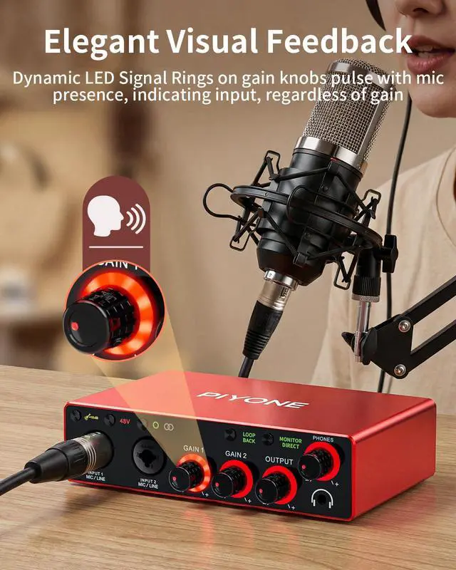 Alt view image 7 of 7 - Audio Interface, 2X2 24-bit/192kHz Interface for High-Fidelity, Studio Quality PC/Mac/iOS Recording, XLR/TRS Combo Input, Monitor Mix/Loopback Function, One-Cable Setup(Alloy Red)