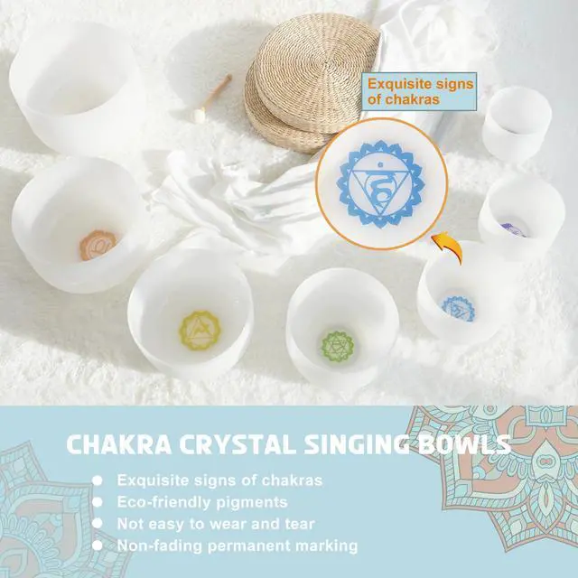 Alt view image 2 of 6 - Crystal Singing bowl Set of 7 for Sound Healing Chakra | 440HZ 6"-12" Inch Frosted Chakra Quartz Set, Energy Balancing,Mindfulness,Relaxation,with 2 Bags and Rubber Mallets