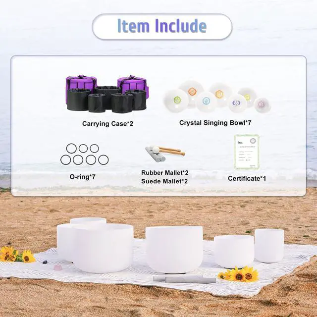 Alt view image 4 of 6 - Crystal Singing bowl Set of 7 for Sound Healing Chakra | 440HZ 6"-12" Inch Frosted Chakra Quartz Set, Energy Balancing,Mindfulness,Relaxation,with 2 Bags and Rubber Mallets