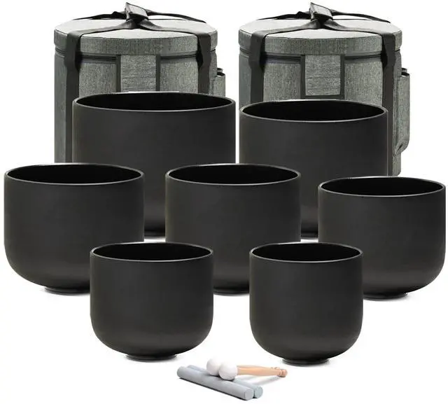 Main image of Crystal Singing bowl Set of 7 for Sound Healing Black | 440HZ 6-12 Frosted Black Chakra Quartz Set, Sound Meditation,Mindfulness,Relaxation, with 2 Case Bags and Rubber Mallets