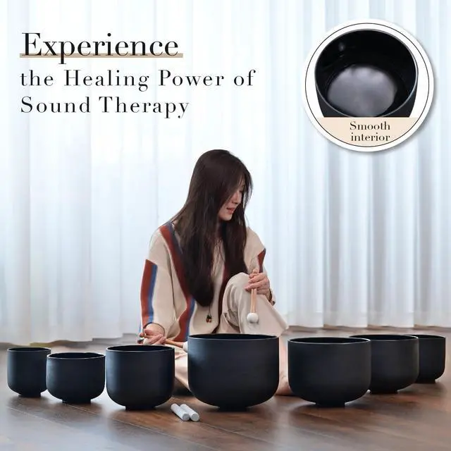Alt view image 2 of 6 - Crystal Singing bowl Set of 7 for Sound Healing Black | 440HZ 6-12 Frosted Black Chakra Quartz Set, Sound Meditation,Mindfulness,Relaxation, with 2 Case Bags and Rubber Mallets