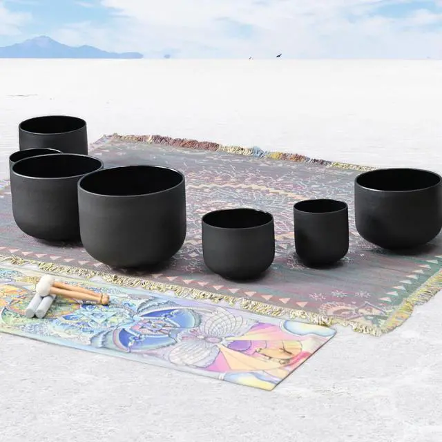 Alt view image 3 of 6 - Crystal Singing bowl Set of 7 for Sound Healing Black | 440HZ 6-12 Frosted Black Chakra Quartz Set, Sound Meditation,Mindfulness,Relaxation, with 2 Case Bags and Rubber Mallets