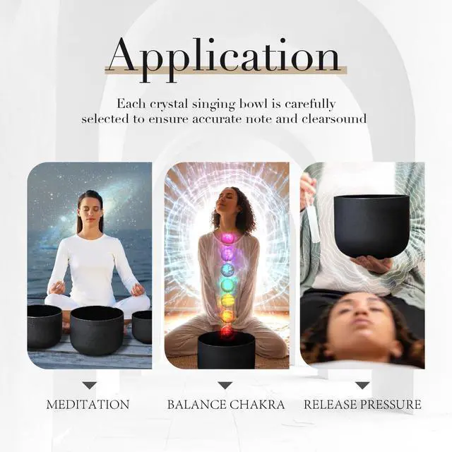 Alt view image 5 of 6 - Crystal Singing bowl Set of 7 for Sound Healing Black | 440HZ 6-12 Frosted Black Chakra Quartz Set, Sound Meditation,Mindfulness,Relaxation, with 2 Case Bags and Rubber Mallets