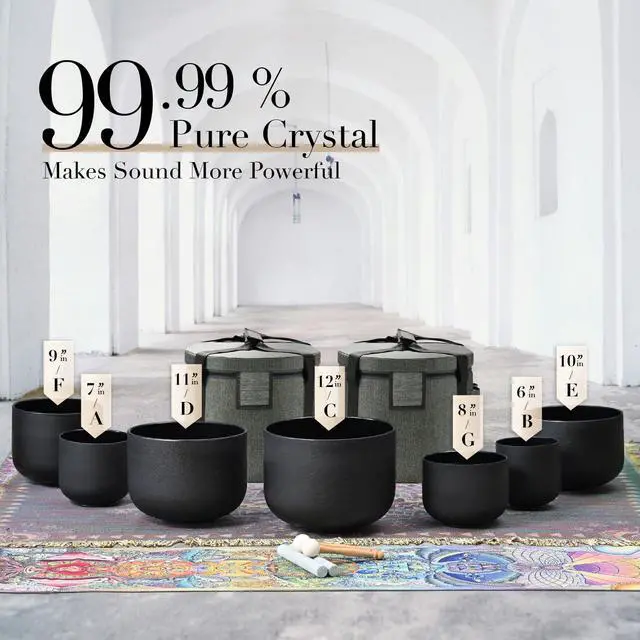Alt view image 4 of 6 - Crystal Singing bowl Set of 7 for Sound Healing Black | 440HZ 6-12 Frosted Black Chakra Quartz Set, Sound Meditation,Mindfulness,Relaxation, with 2 Case Bags and Rubber Mallets