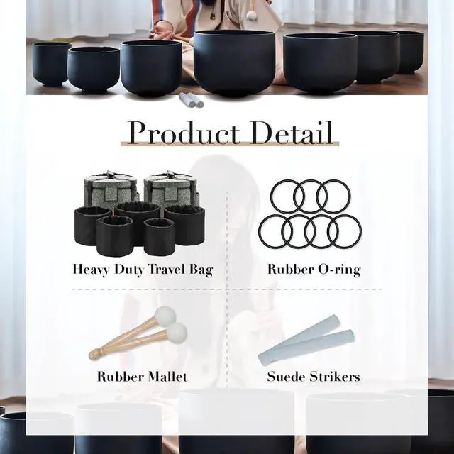 Alt view image 6 of 6 - Crystal Singing bowl Set of 7 for Sound Healing Black | 440HZ 6-12 Frosted Black Chakra Quartz Set, Sound Meditation,Mindfulness,Relaxation, with 2 Case Bags and Rubber Mallets