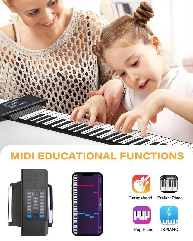 Alt view image 3 of 7 - 61 Key Roll Up Piano,Upgraded Portable Rechargeable Hand Roll Piano with Silicon Flexible Keyboard, MIDI Output, Headphone Connection, 128 Rhythms,Best Gift for Beginners