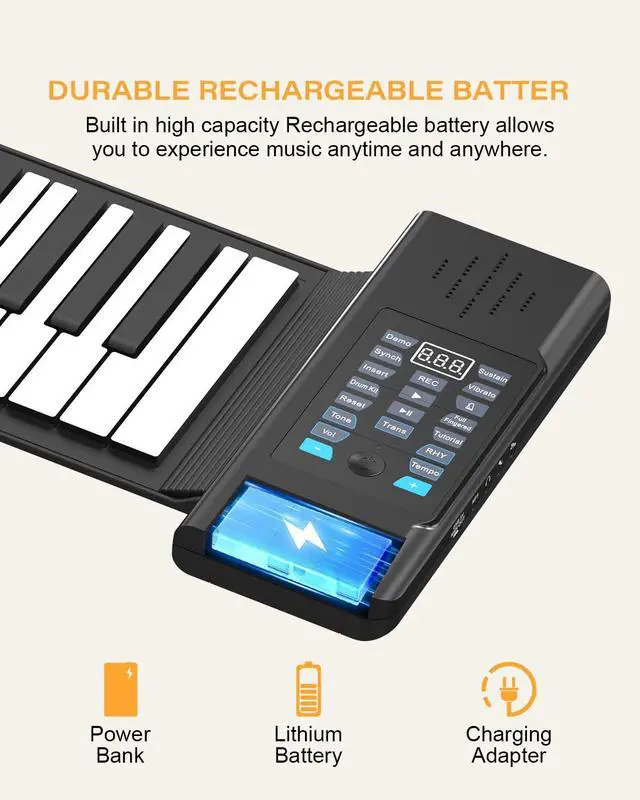 Alt view image 4 of 7 - 61 Key Roll Up Piano,Upgraded Portable Rechargeable Hand Roll Piano with Silicon Flexible Keyboard, MIDI Output, Headphone Connection, 128 Rhythms,Best Gift for Beginners