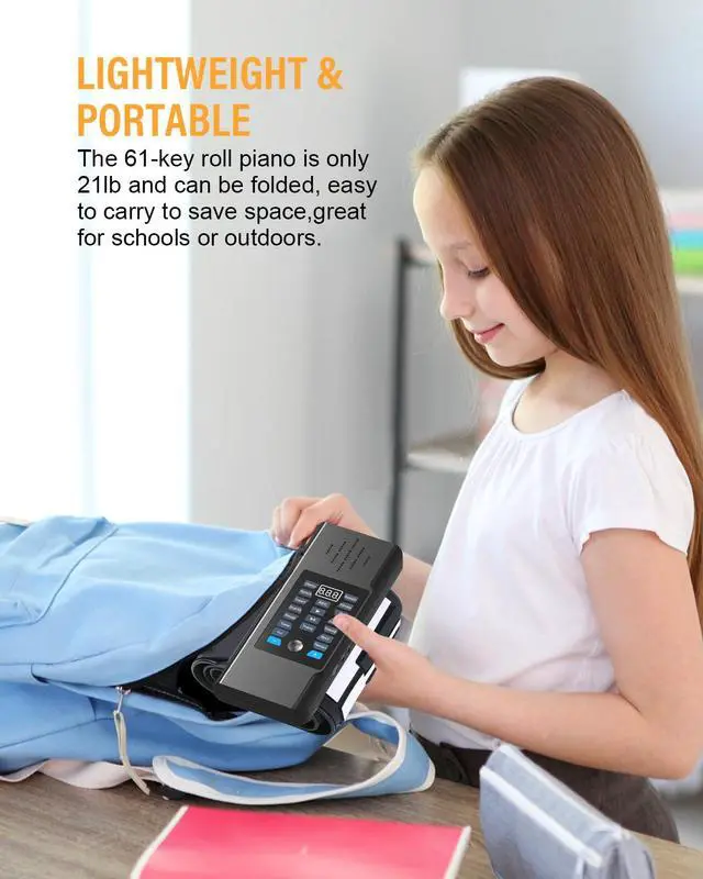 Alt view image 6 of 7 - 61 Key Roll Up Piano,Upgraded Portable Rechargeable Hand Roll Piano with Silicon Flexible Keyboard, MIDI Output, Headphone Connection, 128 Rhythms,Best Gift for Beginners