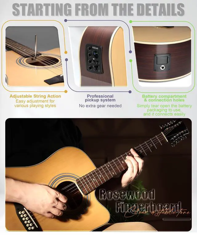Alt view image 4 of 7 - 12-String Acoustic Electric Guitar: Rosewood Back and Sides with Spruce Top, 41-inch Cutaway Body, Built-in Pickup; Deluxe Set Includes Guitar Bag, Tuner, Cable, Capo, Strings & Picks (SN-NA)