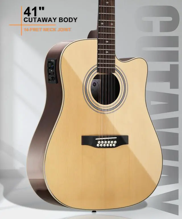 Alt view image 5 of 7 - 12-String Acoustic Electric Guitar: Rosewood Back and Sides with Spruce Top, 41-inch Cutaway Body, Built-in Pickup; Deluxe Set Includes Guitar Bag, Tuner, Cable, Capo, Strings & Picks (SN-NA)