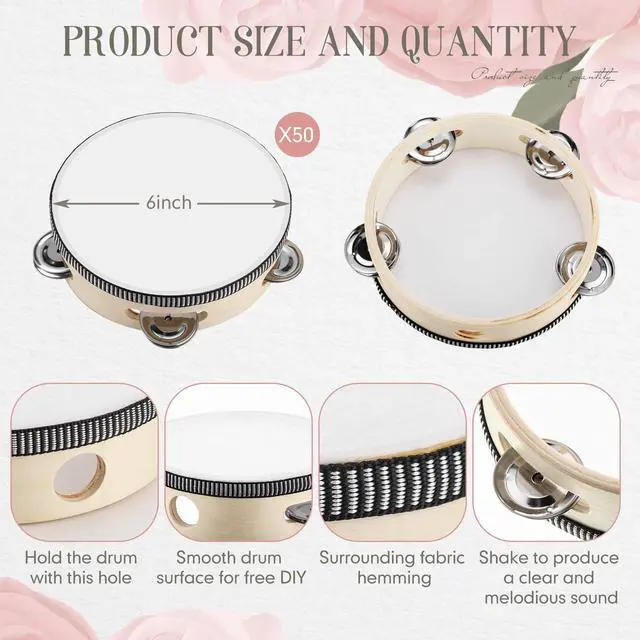 Alt view image 2 of 7 - 50 Pcs 6 Inch Tambourine Bulk Drum for Adults Operation Christmas Bulk Items Hand Held Percussion Gift Wood Metal Jingles Musical Educational Drum Instrument for Church Wedding Charity Party