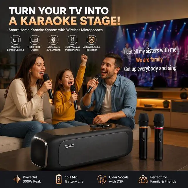 Alt view image 2 of 7 - Karaoke Machine for TV with Dual Wireless Microphones, 6-Speaker Home Karaoke System, Screen Casting & HDMI 1080P Output,3D Surround Sound with DSP Audio, AI Hearing Protection for Kids & Family Party