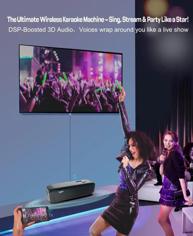 Alt view image 3 of 7 - Karaoke Machine for TV with Dual Wireless Microphones, 6-Speaker Home Karaoke System, Screen Casting & HDMI 1080P Output,3D Surround Sound with DSP Audio, AI Hearing Protection for Kids & Family Party