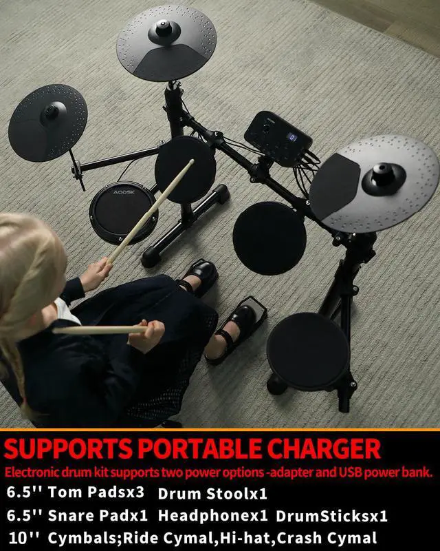 Alt view image 2 of 7 - Electric Drum Set for Beginner with 150 Sounds,4 Quiet Drum Pads,2 Pedal,Throne,Sticks,Electronic Drum with Headphone,AED-400