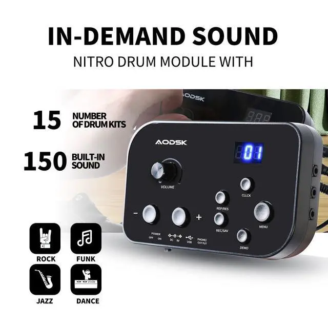 Alt view image 3 of 7 - Electric Drum Set for Beginner with 150 Sounds,4 Quiet Drum Pads,2 Pedal,Throne,Sticks,Electronic Drum with Headphone,AED-400