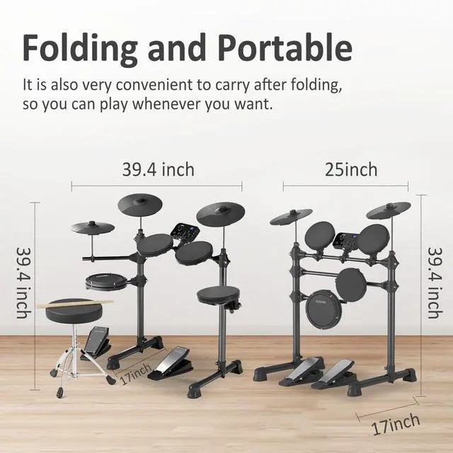 Alt view image 4 of 7 - Electric Drum Set for Beginner with 150 Sounds,4 Quiet Drum Pads,2 Pedal,Throne,Sticks,Electronic Drum with Headphone,AED-400