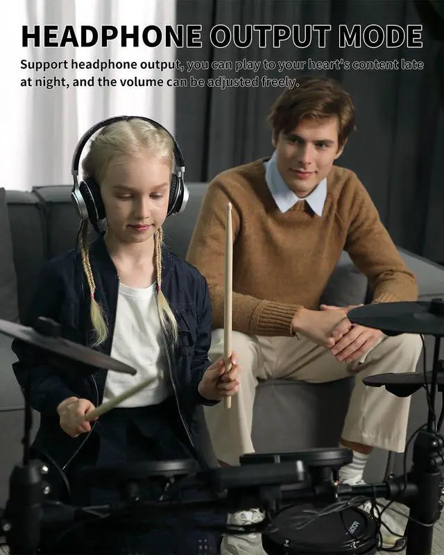 Alt view image 6 of 7 - Electric Drum Set for Beginner with 150 Sounds,4 Quiet Drum Pads,2 Pedal,Throne,Sticks,Electronic Drum with Headphone,AED-400