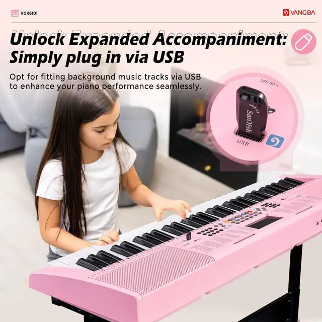 Alt view image 3 of 7 - Pink Piano Keyboard 61 Key, Electric Keyboard Kit Portable Music Keyboard for Kids Students with Microphone, 600 Tones, 400 Rhythms, 50 Demos, Gift for Beginners