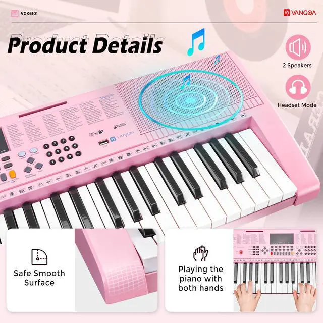 Alt view image 4 of 7 - Pink Piano Keyboard 61 Key, Electric Keyboard Kit Portable Music Keyboard for Kids Students with Microphone, 600 Tones, 400 Rhythms, 50 Demos, Gift for Beginners