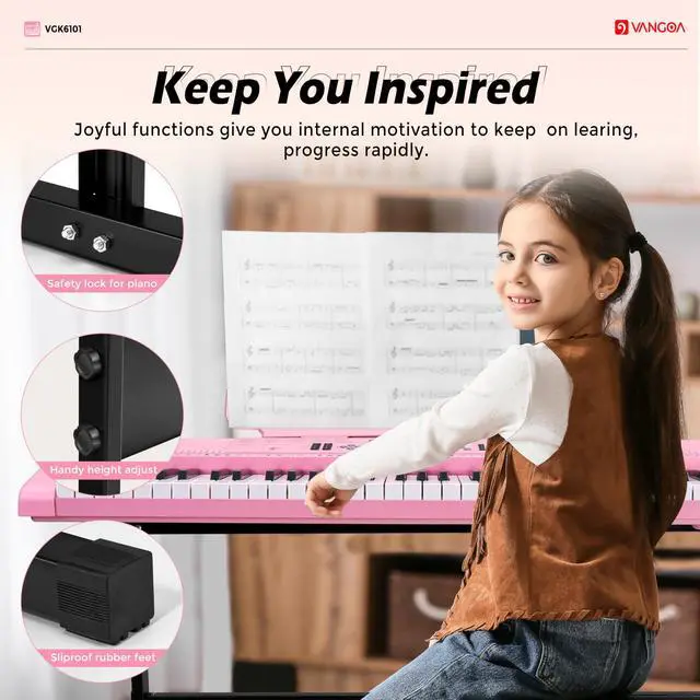 Alt view image 5 of 7 - Pink Piano Keyboard 61 Key, Electric Keyboard Kit Portable Music Keyboard for Kids Students with Microphone, 600 Tones, 400 Rhythms, 50 Demos, Gift for Beginners